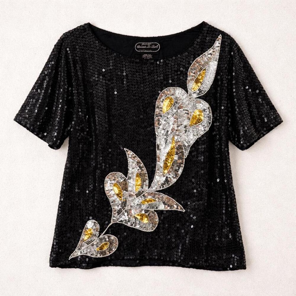Joseph Le Bon Silk Black‎ Sequin Top Leaf Glam Gold Silver Valentine's Day